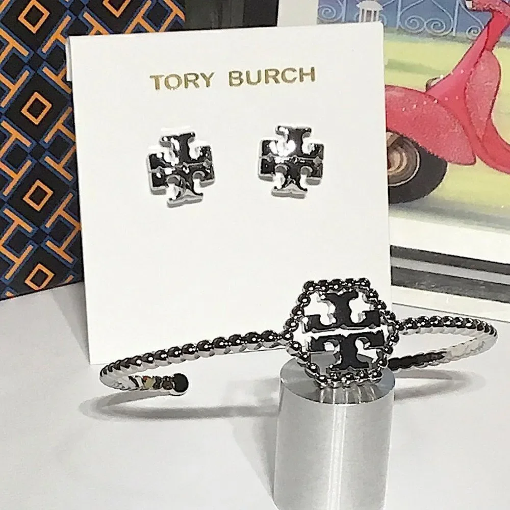 TORY BURCH SILVER SET EARRINGS AND BRACELET
